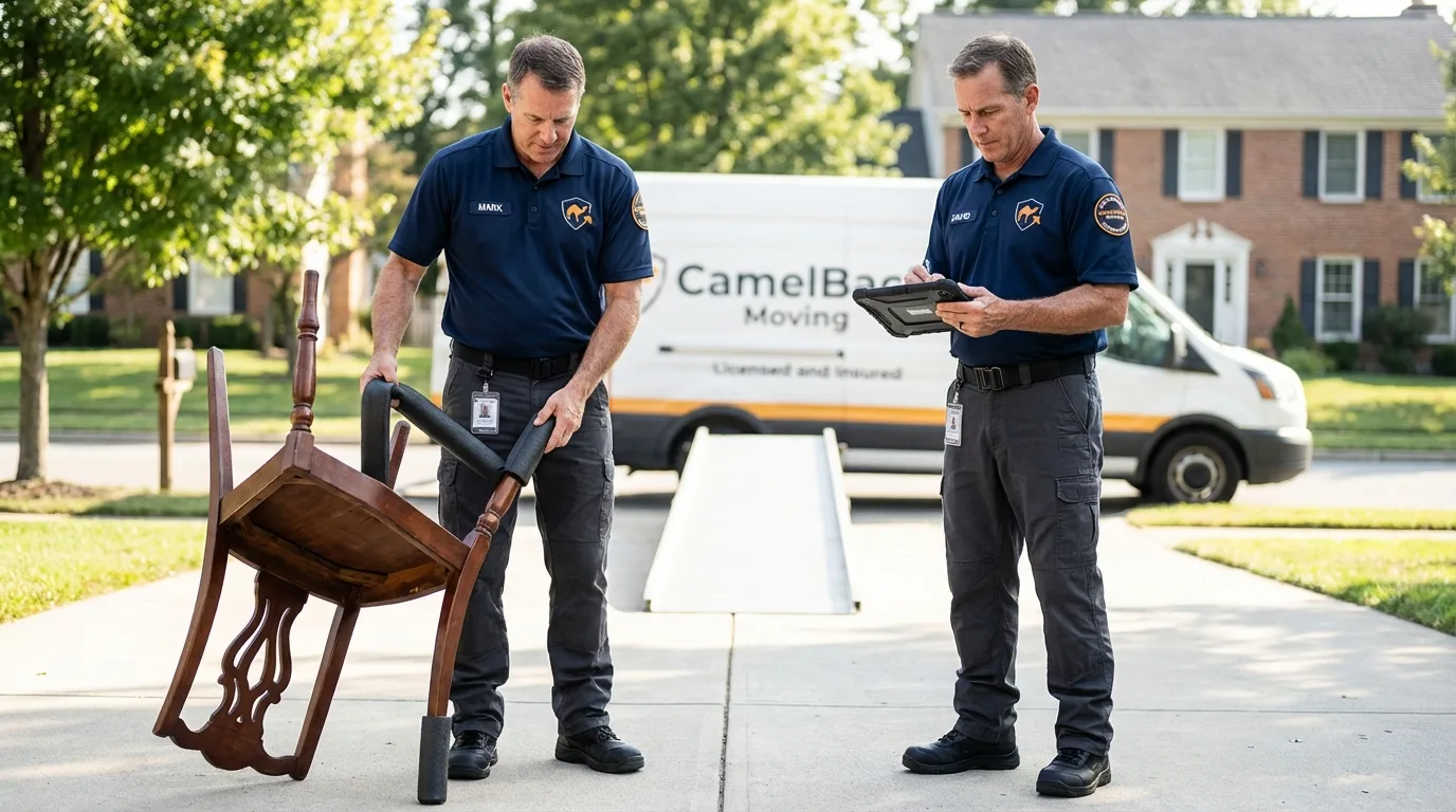 Movers inspecting furniture for damage prevention before loading in Grayson, KY